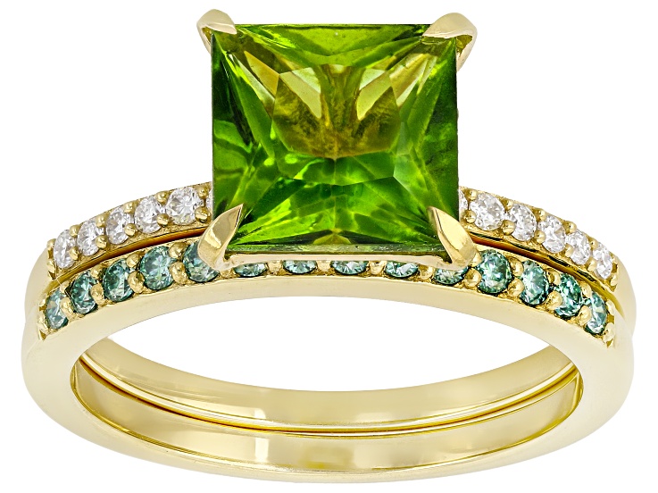 Green Meadow Topaz with Moissanite 18K Yellow Gold Over Sterling Silver Ring 2.76ctw
