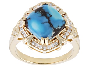 Blue Golden Hill Turquoise with White Lab Grown Diamond 18K Yellow Gold Over Silver Ring 0.14ctw