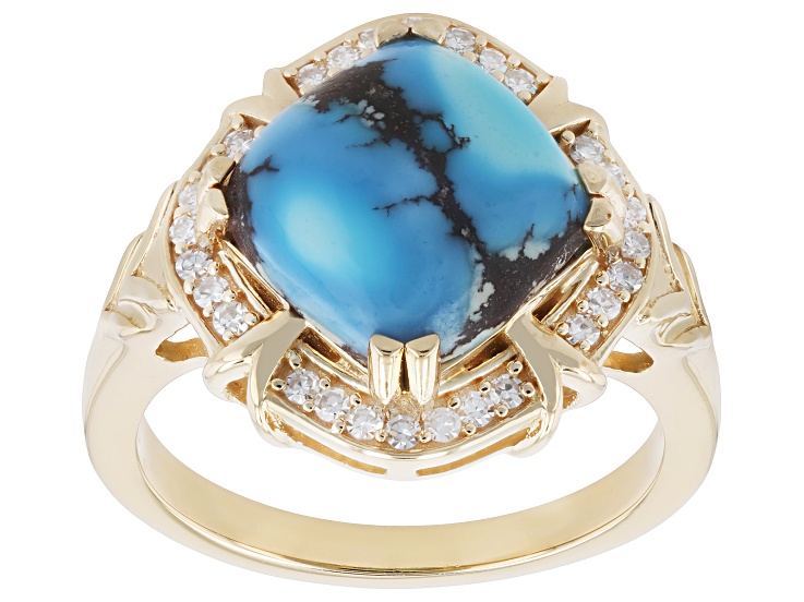 Blue Golden Hill Turquoise with White Lab Grown Diamond 18K Yellow Gold Over Silver Ring 0.14ctw