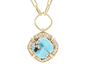 Blue Golden Hill Turquoise with White Lab Grown Diamond 18K Yellow Gold Over Silver Necklace 0.14ctw
