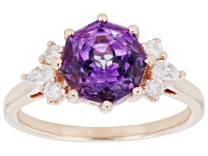 Purple Midnight Orchid Topaz With White Moissanite 18K Rose Gold Over Silver Ring 2.12ctw