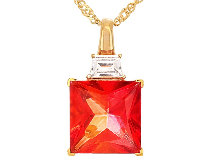 Orange Sunburst Topaz with White Lab Sapphire 18K Yellow Gold Over Silver Pendant With Chain 6.21ctw