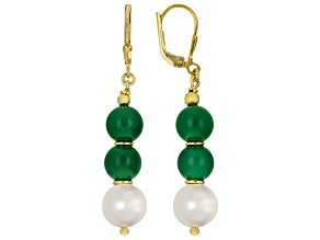 Green Onyx with White Cultured Freshwater Pearl 18K Yellow Gold Over Sterling Silver Earrings