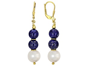 Blue Lapis Lazuli with White Cultured Freshwater Pearl 18K Yellow Gold Over Silver Earrings