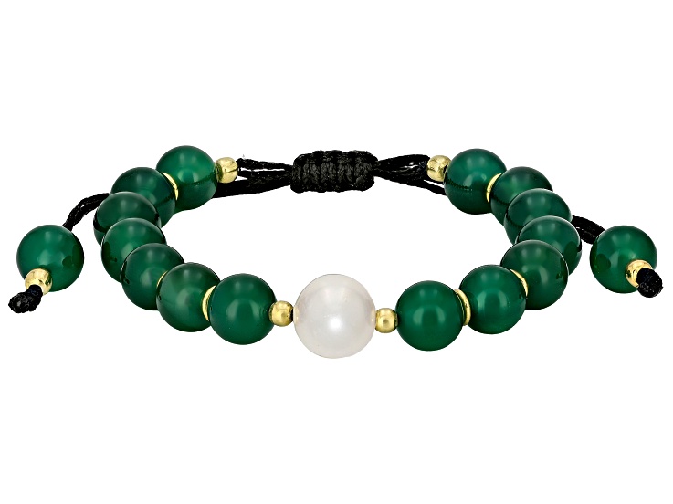 Green Onyx with White Cultured Freshwater Pearl 18K Yellow Gold Over Silver Beaded Bolo Bracelet