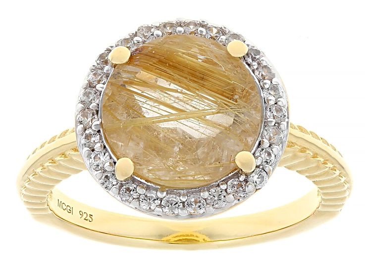 Golden Rutilated Quartz With White Zircon 18k Yellow Gold Over Sterling Silver Ring 3.41ctw