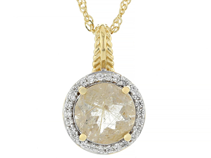 Golden Rutilated Quartz With White Zircon 18k Yellow Gold Over Silver Pendant With Chain 3.52ctw