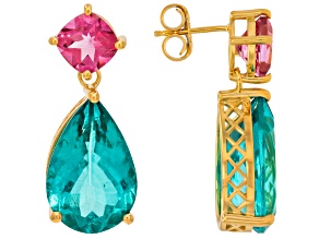 Blue Paraiba Color Topaz And Pink Topaz 18K Yellow Gold Over Silver Dangle Earrings 30.09ctw