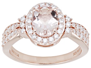 Peach Morganite With White Moissanite 18K Rose Gold Over Sterling Silver Halo Ring 1.38ctw