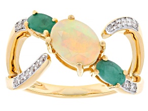 Ethiopian Opal With Emerald And white Zircon 18k Yellow Gold Over Sterling Silver Ring 1.15ctw