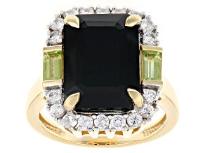 Black Spinel With Peridot With White Zircon 18k Gold Over Sterling Silver Ring 8.41ctw
