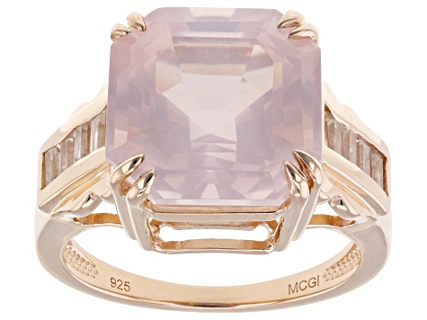 Asscher Cut Rose Quartz With White Zircon 18k Rose Gold Over Sterling Silver Ring 6.65ctw