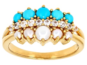 Sleeping Beauty Turquoise With Cultured Seed Pearl, & White Zircon 18k Yellow Gold Over Silver Ring