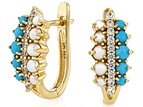 Sleeping Beauty Turquoise, Cultured Seed Pearl & Zircon 18k Yellow Gold Over Silver Earrings
