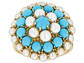 Sleeping Beauty Turquoise With Cultured Seed Pearl 18k Yellow Gold Over Sterling Silver Ring