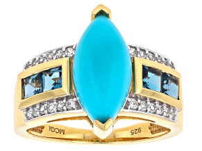 Sleeping Beauty Turquoise, London Blue Topaz, White Zircon 18k Yellow Gold Over Silver Ring 1.01ctw