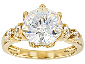 Heptagon Cut Strontium Titanate With White Zircon 18k Yellow Gold Over Sterling Silver Ring 5.44ctw