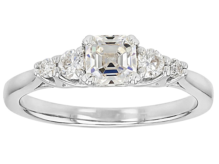 Strontium Titanate With Moissanite Fire® Rhodium Over Sterling Silver Ring 0.91ctw