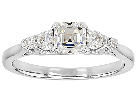 Strontium Titanate With Moissanite Fire® Rhodium Over Sterling Silver Ring 0.91ctw