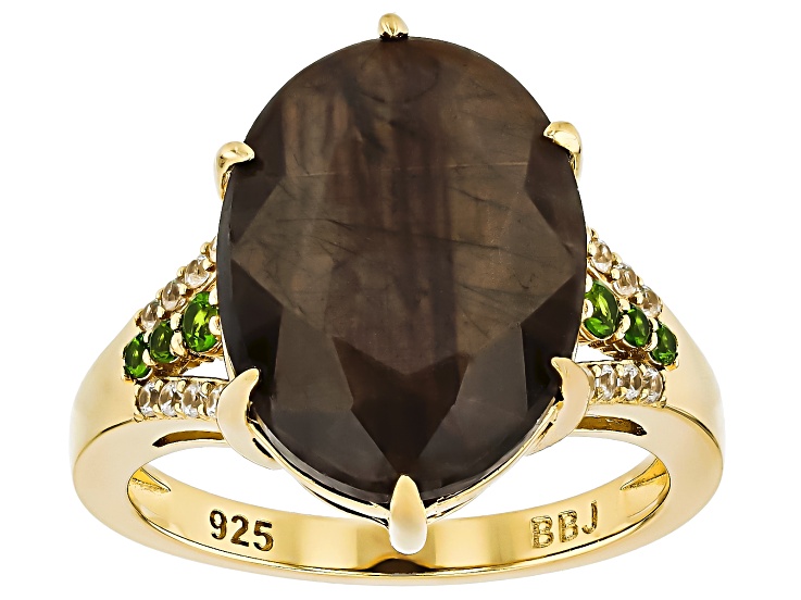 Golden Sapphire, Chrome Diopside And White Zircon 18k Yellow Gold Over Sterling Silver Ring 12.90ctw