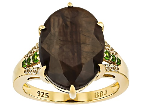 Golden Sapphire, Chrome Diopside And White Zircon 18k Yellow Gold Over Sterling Silver Ring 12.90ctw