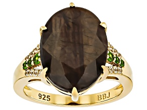 Golden Sapphire, Chrome Diopside And White Zircon 18k Yellow Gold Over Sterling Silver Ring 12.90ctw