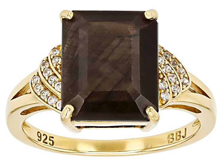 Golden Sheen Sapphire With White Zircon 18k Yellow Gold Over Sterling Silver Ring 8.02ctw