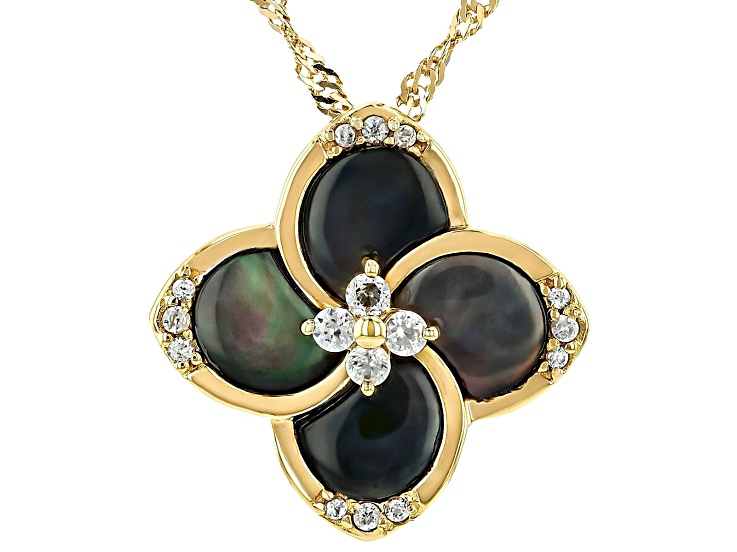 Black Mother-of-Pearl 18k Yellow Gold Over Sterling Silver Pendant With Chain 0.16ctw