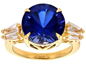 Blue Lab Created Sapphire 18k Yellow Gold Over Silver 3-Stone Ring 8.35ctw