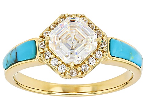 Asscher Cut Strontium Titanate With Turquoise & Zircon 18k Yellow Gold Over Silver Ring 2.04ctw