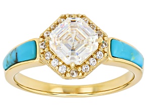 Asscher Cut Strontium Titanate, Turquoise, Zircon 18k Yellow Gold Over Sterling Silver Ring 2.04ctw