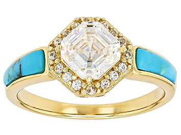 Picture of Asscher Cut Strontium Titanate With Turquoise & Zircon 18k Yellow Gold Over Silver Ring 2.04ctw