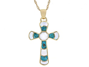 Cultured Freshwater Pearl, Turquoise, Mother-of-Pearl 18k Yellow Gold Over Silver Pendant with Chain