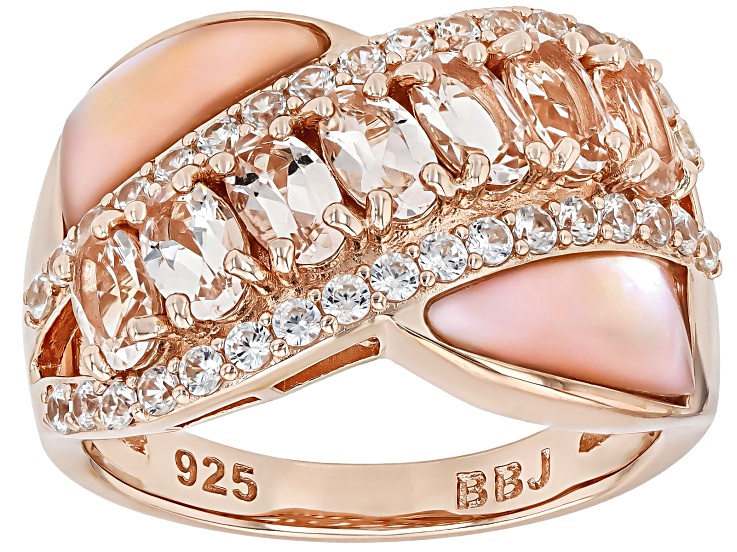 Morganite With White Zircon & Pink Mother-Of-Pearl 18k Rose Gold Over Sterling Silver Ring