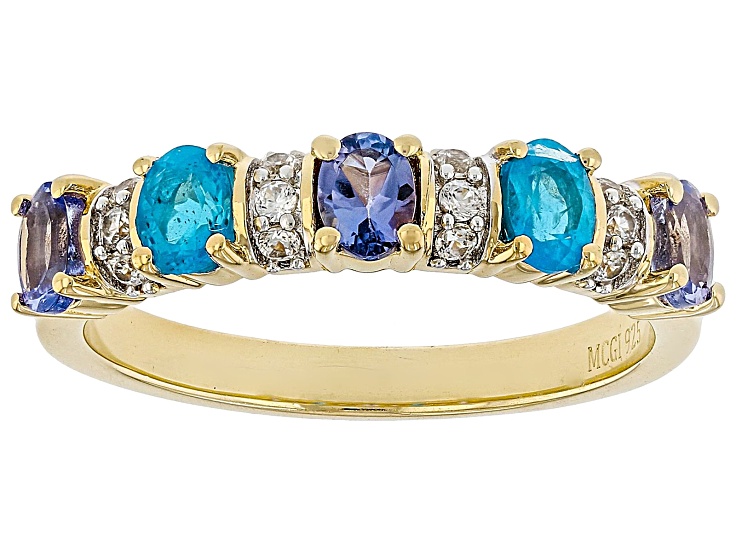 Tanzanite With Neon Apatite and White Zircon 18k Yellow Gold Over Sterling Silver Ring 0.94ctw