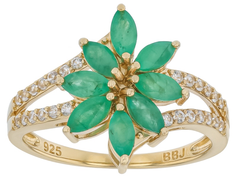 Sakota Emerald With White Zircon 18k Yellow Gold Over Sterling Silver Ring 1.30ctw