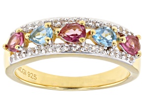 Swiss Blue Topaz With Pink Topaz and White Topaz 18k Yellow Gold Over Sterling Silver Ring 0.97ctw