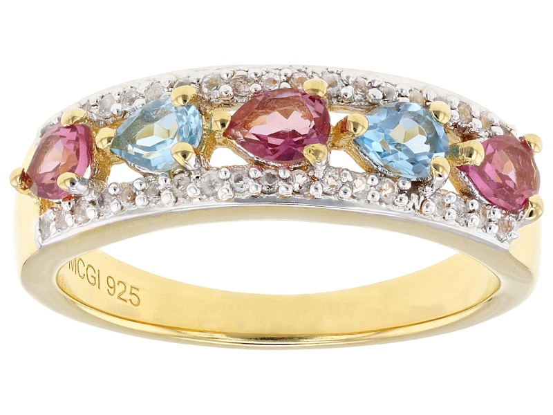 Swiss Blue Topaz With Pink Topaz and White Topaz 18k Yellow Gold Over Sterling Silver Ring 0.97ctw