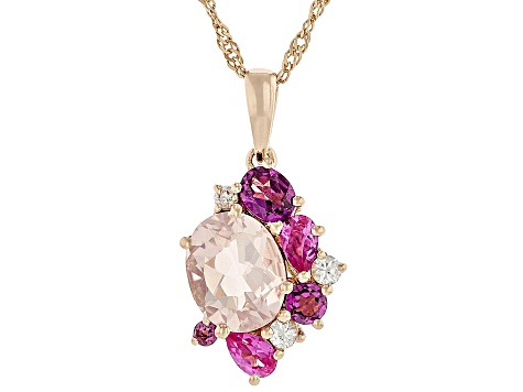 Rose Quartz Rhodolite, Lab Sapphire, Zircon 18k Rose Gold Over Silver Pendant With Chain 3.35ctw