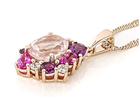 Rose Quartz Rhodolite, Lab Sapphire, Zircon 18k Rose Gold Over Silver Pendant With Chain 3.35ctw