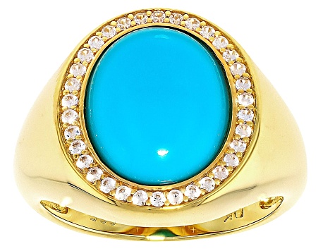 Sleeping Beauty Turquoise With White Zircon 18k Yellow Gold Over Silver Ring 0.14ctw