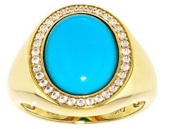 Picture of Sleeping Beauty Turquoise With White Zircon 18k Yellow Gold Over Silver Ring 0.14ctw