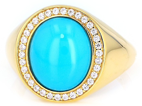 Sleeping Beauty Turquoise With White Zircon 18k Yellow Gold Over Silver Ring 0.14ctw