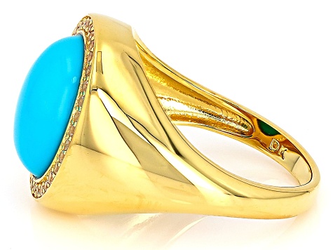 Sleeping Beauty Turquoise With White Zircon 18k Yellow Gold Over Silver Ring 0.14ctw