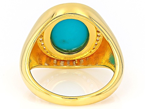 Sleeping Beauty Turquoise With White Zircon 18k Yellow Gold Over Silver Ring 0.14ctw