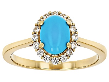 Picture of Sleeping Beauty Turquoise 18k Yellow Gold Over Silver Halo Ring 0.30ctw