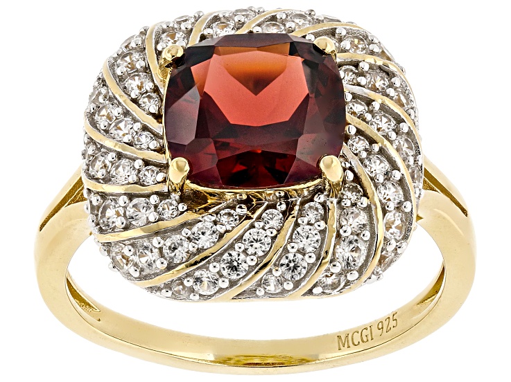Red Garnet With White Zircon 18k Yellow Gold Over Srterling Silver Ring 2.98ctw