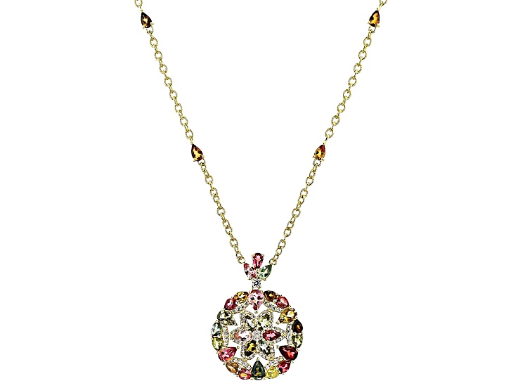 Multi Color Tourmaline With White Zircon 18k Yellow Gold Over Sterling Silver Necklace 6.86ctw