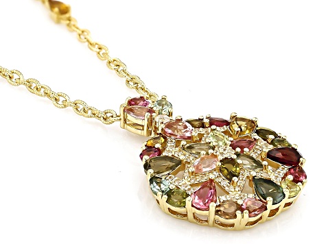 Multi Color Tourmaline With White Zircon 18k Yellow Gold Over Sterling Silver Necklace 6.86ctw