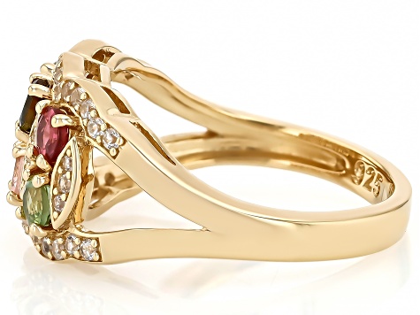 Multi Color Tourmaline With White Zircon 18k Yellow Gold Over Sterling Silver Ring 1.19ctw